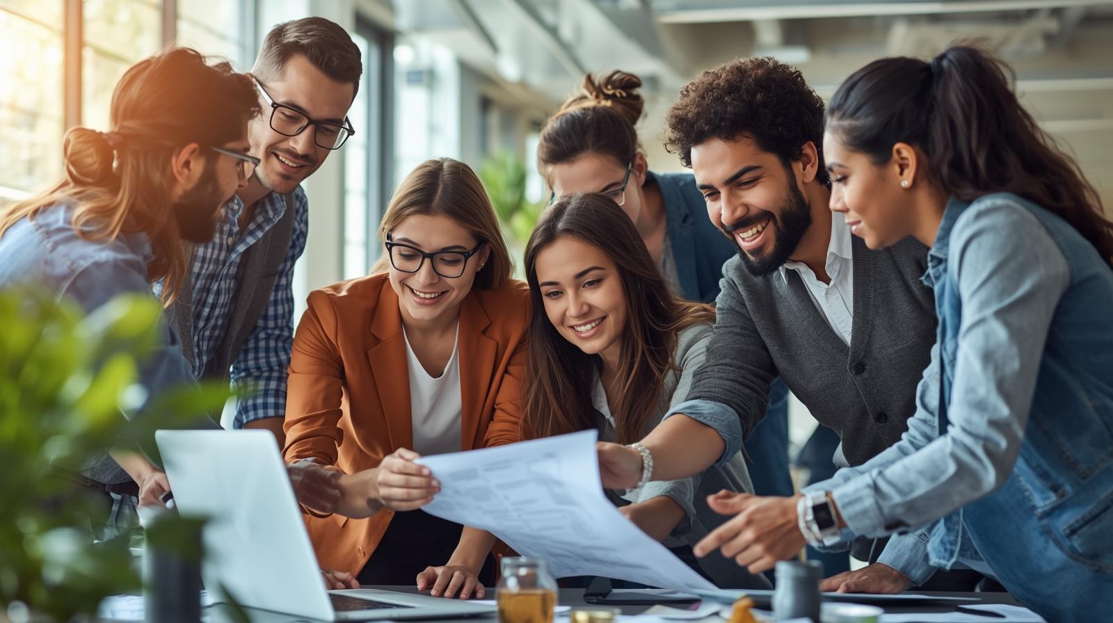 Diverse team of young professionals collaborating on a project together