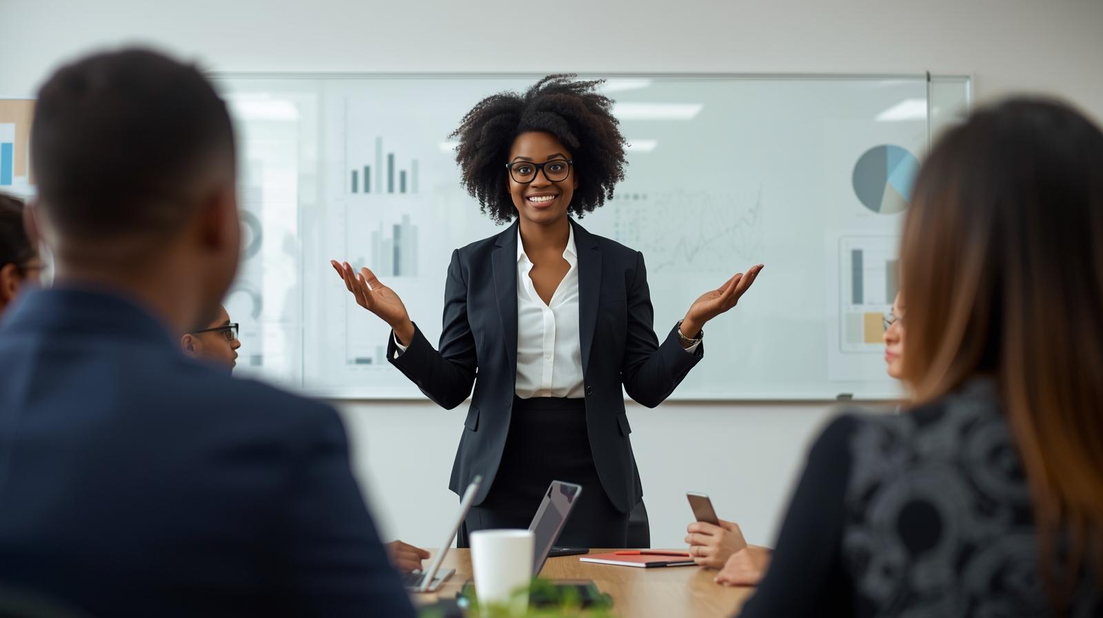 Young professional presenting ideas clearly to colleagues in a meeting room