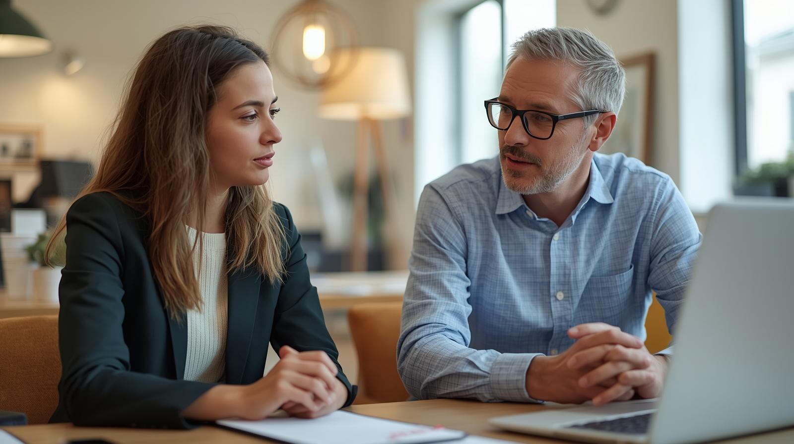 Young professional receiving career guidance from experienced mentor in casual workplace setting