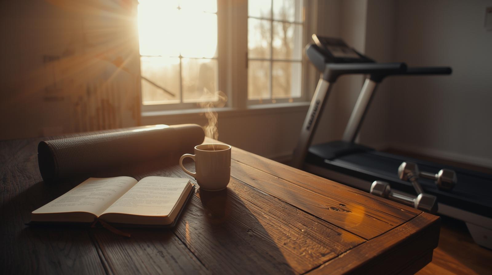 Morning routine scene - journal, coffee, sunrise through window
