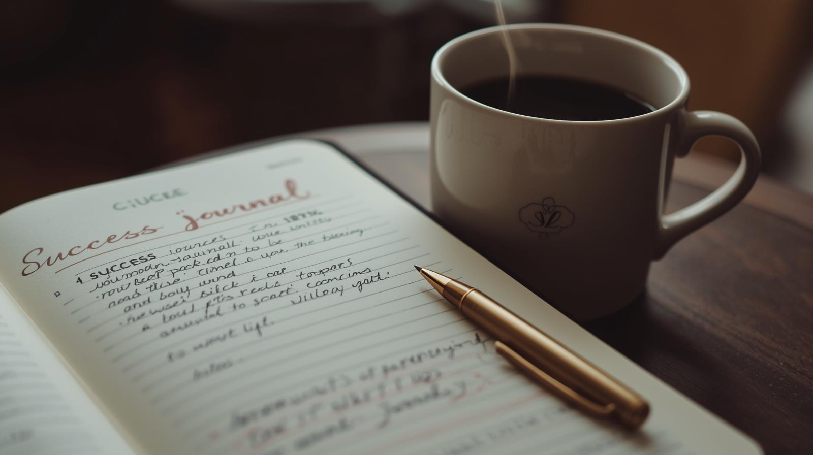 Success journal with coffee,